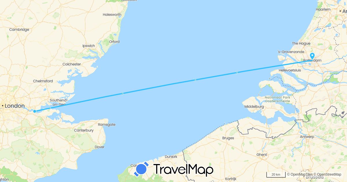 TravelMap itinerary: driving, boat in United Kingdom, Netherlands (Europe)